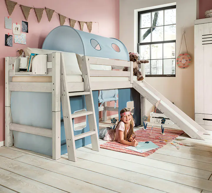 Lit mezzanine 90x200cm - Lit pour enfant avec escalier de rangement avec  grand bureau et étagères couleurs