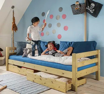 Lit superposé enfant 90x200 cm - lit mezzanine avec toboggan et escalier,  rideau de lit, lit enfant